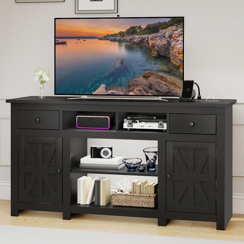 Meuble télé avec 2 tiroirs et station de charge Kavita , Noir, H 30 po x l 59 po x P 15,5 po