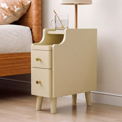 Table de chevet étroite de 50 cm de hauteur avec tiroirs, petite table de chevet mince en bois massif préassemblée avec tablette coulissante ouverte