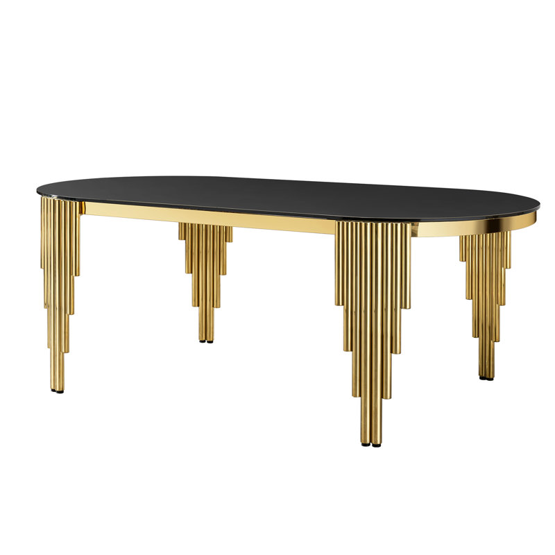 Table de salle à manger 71,14 po à dessus en verre noir avec fabrication en acier inoxydable doré durable pour base solide 6 à 6 ovales