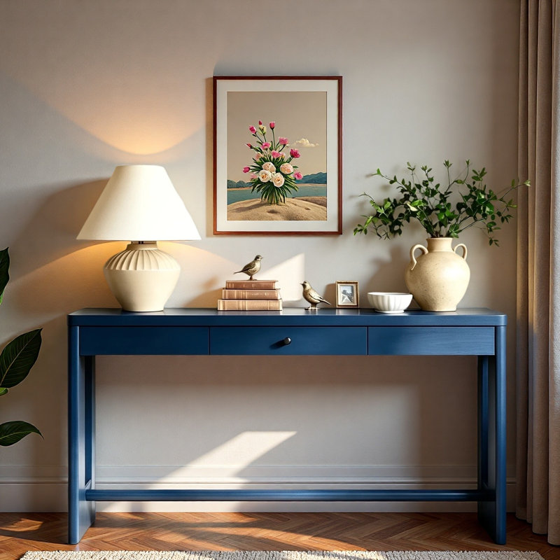 Console rétro avec tiroir, poignée ronde et pattes ajustables, Marine, Marine, Navy Blue
