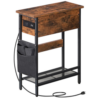 Narrow End Table with Charging Station, Flip Top Skinny Side Table
