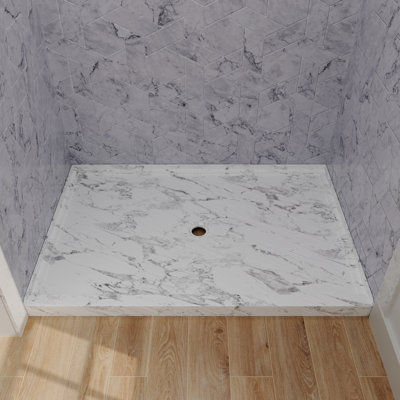 48x32 Inch White Marble Pattern Rectangle Acrylic Shower Pan with Drain Centre Wear Resistant Waterproof Tray for Bath Remodel