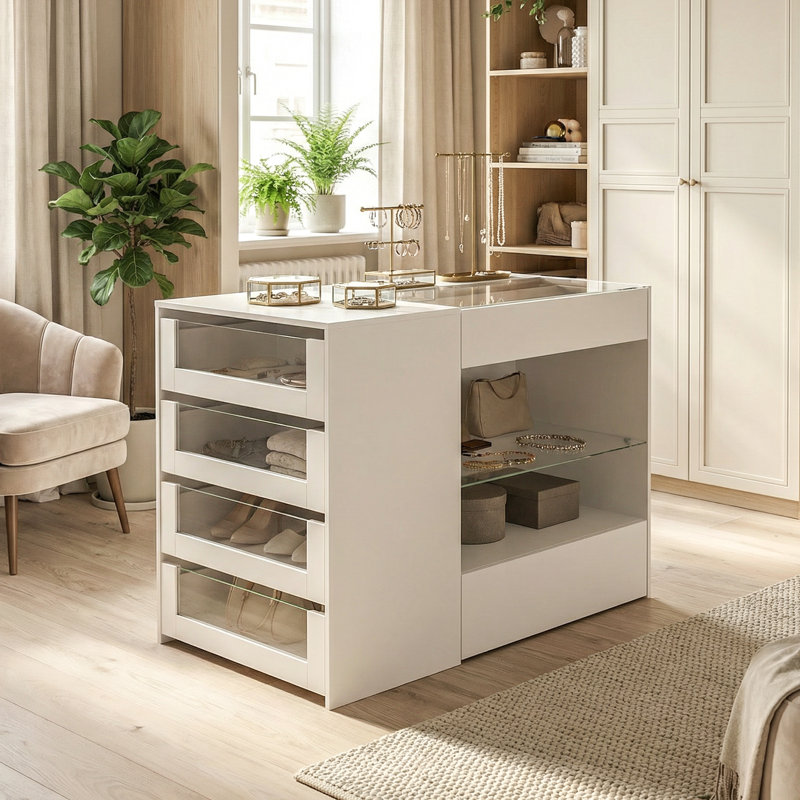 Armoire à bijoux 8 tiroirs avec plateau en verre et tablettes en verre Ablo