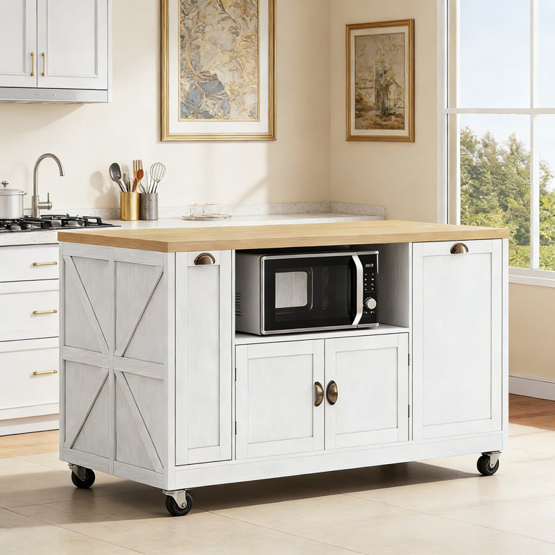 Kitchen Island With Storage And Power Outlet, Large Rolling Cart With Built-In LED Lights, Pull-Out Spice Rack, Trash Can Cabinet, And Microwave Storage