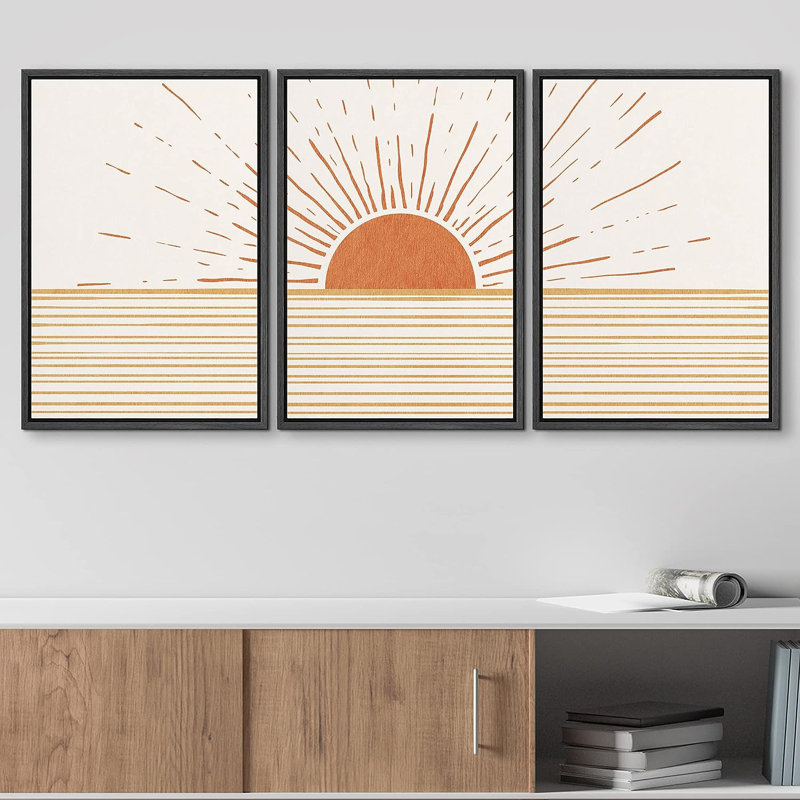 «Mid-Century Ocean Sunrise Sunrays Horizon», reproduction sur toile 3 pièces, H 36 po x l 72 po x P 1,5 po