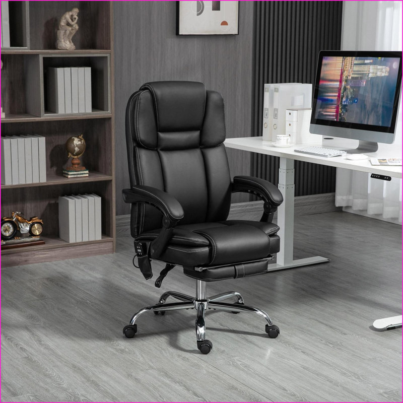 Fauteuil de massage à 6 points de vibration, inclinable chauffant, réglable en hauteur Repose-pieds | Noir | Cuir PU, Noir