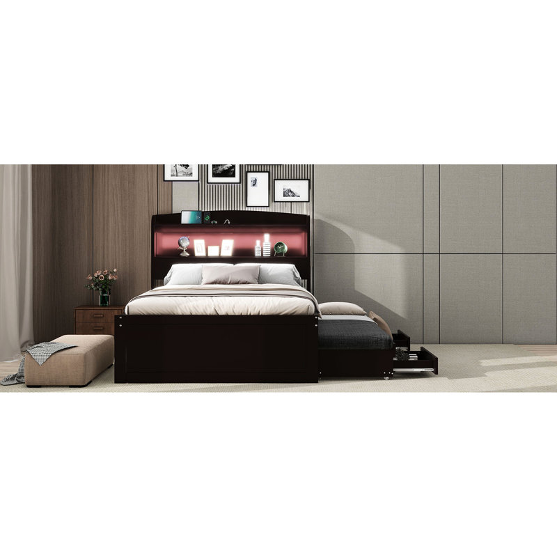 Lit plateforme simple brun foncé avec rangement, station de charge, 2 tiroirs, lit gigogne, tête de lit à DEL, Marron foncé