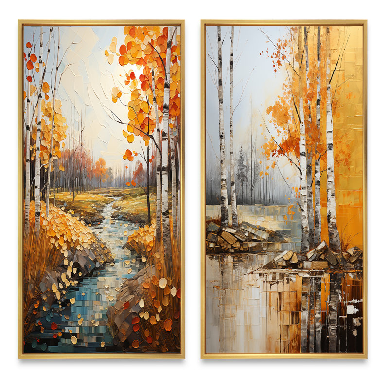 «Birch Woods Autumn Tapisserie», 2 pièces, Encadrement doré, H 20 po x l 24 po