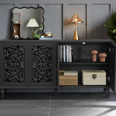 60" Floral Antique Buffet Cabinet With Solid Wood Build, Adjustable Shelves, Ideal As 65''+ Tv Stand And Sideboard In Living & Dining Rooms, Black Finish, American Rustic Design Cabinet, Stand, For