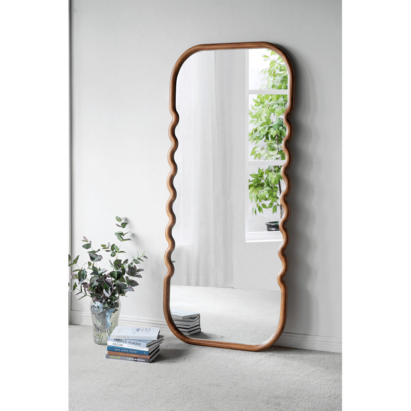31.4X1.4X74" Oversized Wooden Floor Mirror With Unique Brown Frame
