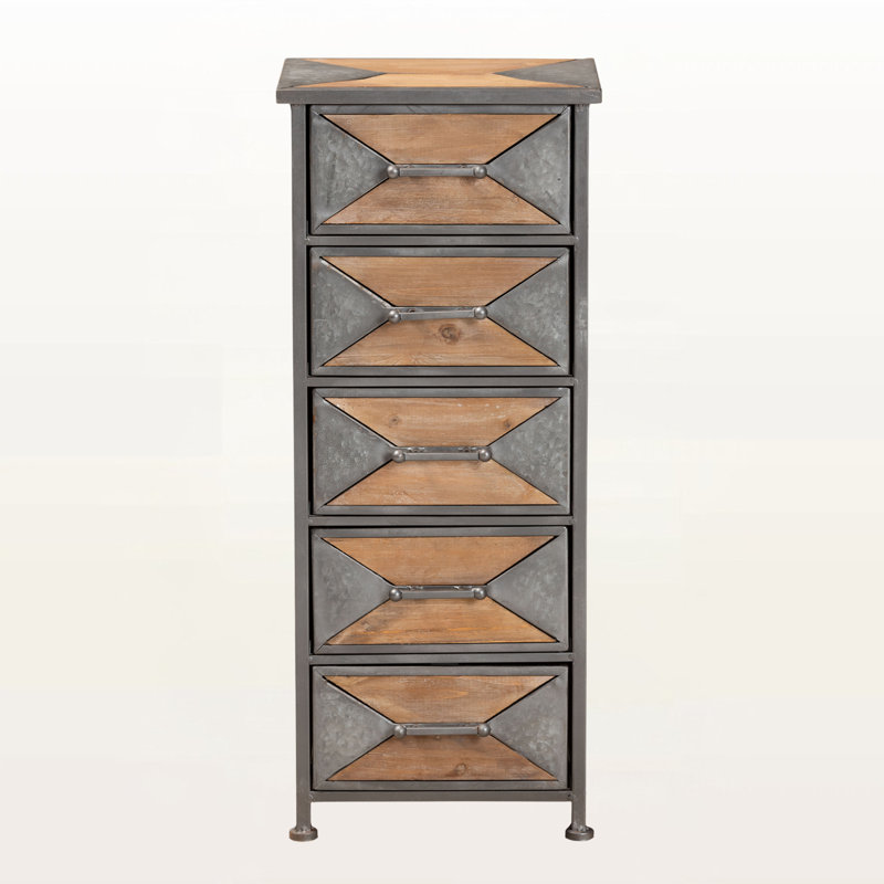 Armoire de rangement décorative 5 tiroirs avec poignées en métal gris et chêne Vortex, H 31,82 po x l 13,03 po x P 10,15 po