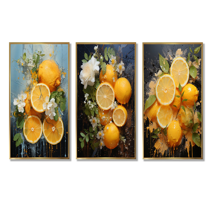 Jaune et jaune Yin Yang Lemon - fruits, ensemble de 4 reproductions d'art mural, Cadre flottant doré, H 28 po x l 36 po