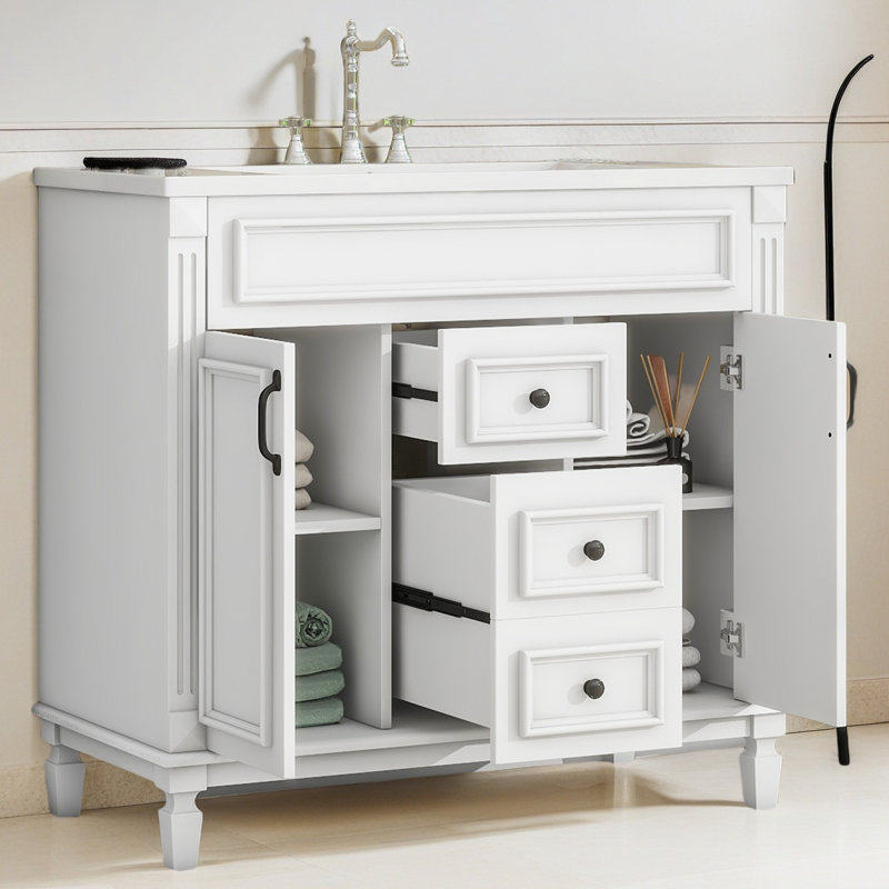 Meuble-lavabo 36 po avec lavabo supérieur, armoire de rangement moderne avec 2 portes à fermeture douce et 2 tiroirs, meuble-lavabo simple