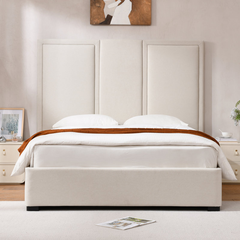 Upholstered Storage Bed With Oversized Headboard, Beige, Queen