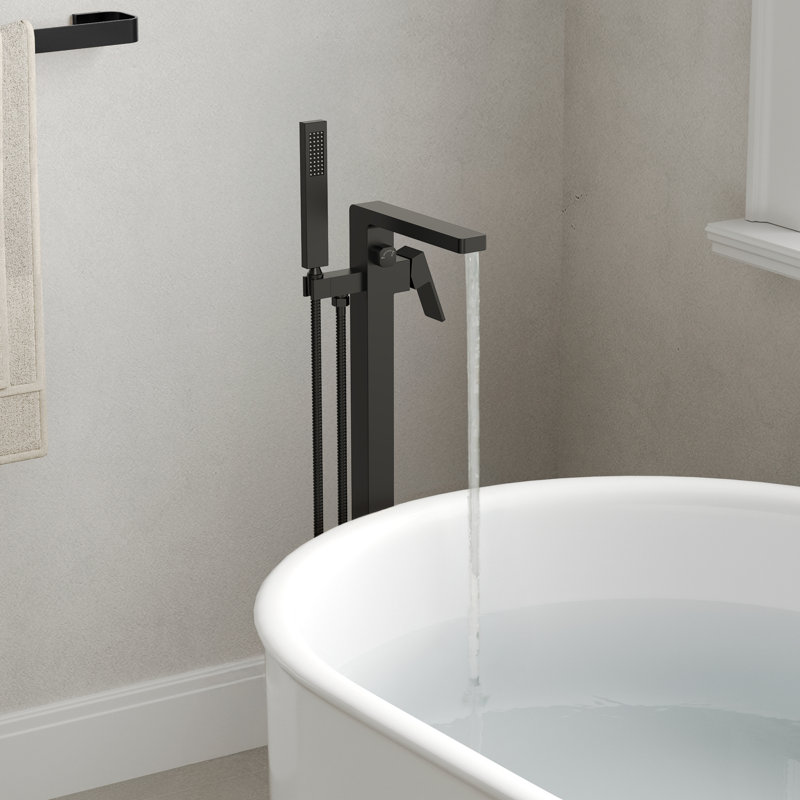 Single Handle Floor Mount Tub Faucet Freestanding Tub Spout with Handshower & Valve, Matte Black