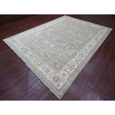 Tapis oriental gris en laine pure noué à la main 8 pi 10 po x 11 pi 8 po avec touches dorées Peshawar avec motif all Heriz, teintures naturelles