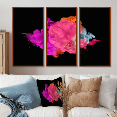 " Fuchia And PInk Ink Art On Black " 3 - Pieces