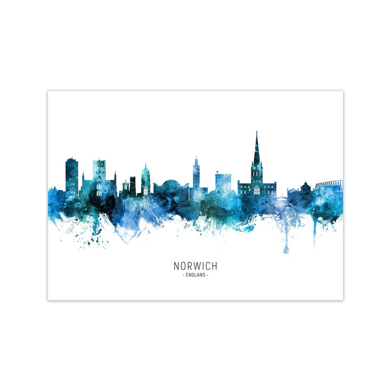 Norwich England Skyline Blue City Name by Michael Tompsett - Print, 21cm H x 30cm W x 1cm D, Unframed