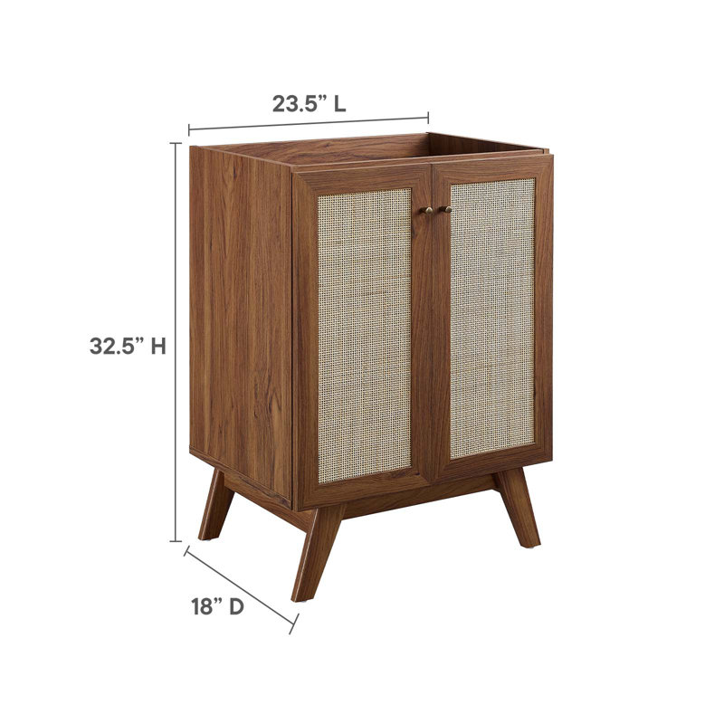 Walnut Freestanding Bathroom Vanity Cabinet with Rattan Weave Doors