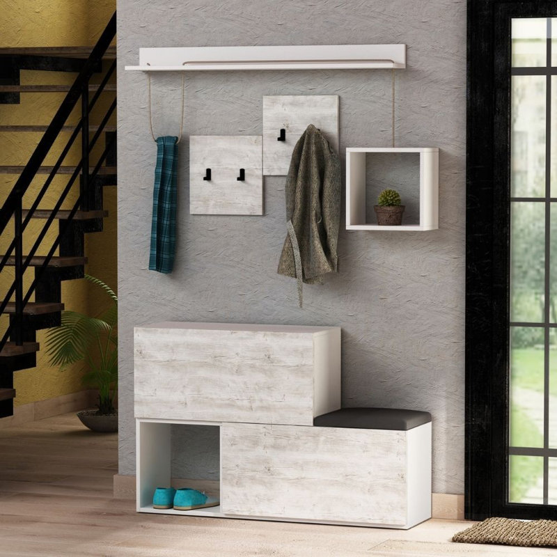 Hall Tree Bench with Shoe Storage and Coat Hooks, Antique White