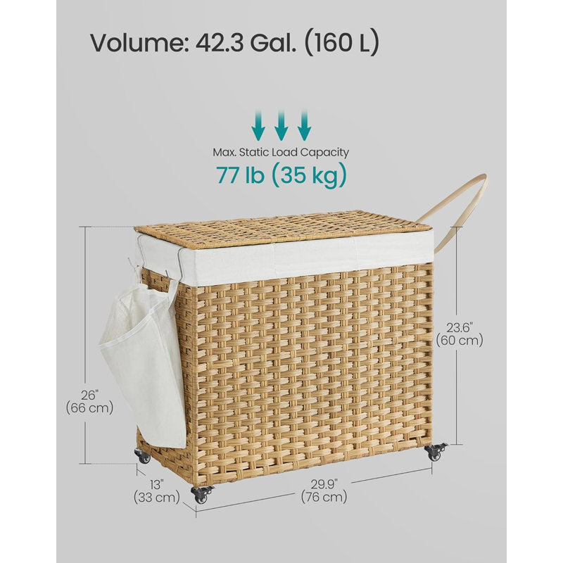 Panier à linge avec couvercle, 42,3 gallons (160 L), panier à linge sur roulettes, rotin synthétique à 3 sections, naturel