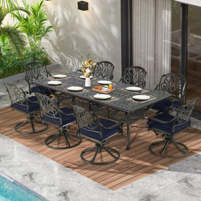Bloomsbury Market 9-Piece Outdoor Patio Dining Set For 8, All Weather Cast Aluminum Patio Funiture Table And Chairs Set- 94.5" Rectangular Table And 8 by Bloomsbury Market