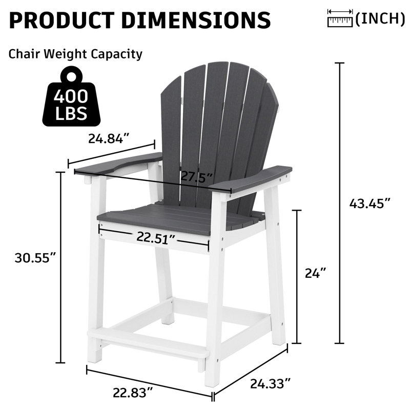 Ensemble de bar de patio 3 pièces, chaises Adirondack en PEHD pour l'extérieur, Blanc/Noir