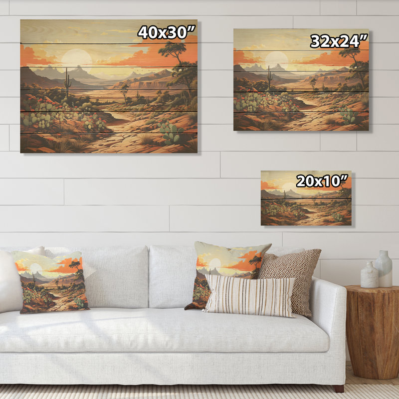 Cactus Charm In Mountain Scenery - Cactus Wood Wall Art On Natural Pine Wood, 30" H x 40" W
