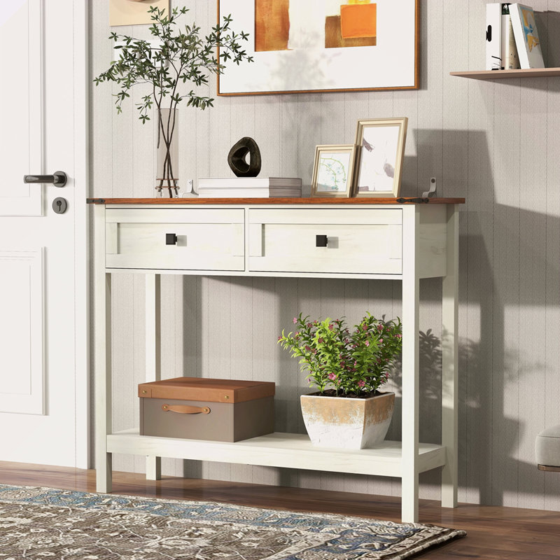 Farmhouse Style Console Table With 2 Drawer And Bottom Storage Shelf For Entryway, Rustic Side Table With Storage Drawer And Shelf For Living Room, Hallway