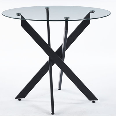 Modern Black Dining Table With Cross Metal Legs And Smooth Glass Surface, 34.5 In Width, Adjustable For Different Rooms, Stable Tempered - Leg Table, Spaces, 29.86 High, Low After Sales