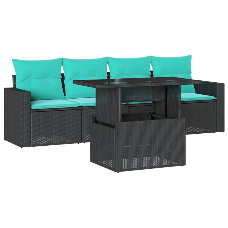 Ensemble de canapé de patio 5 pièces avec coussins en rotin de polyester, Bleu clair, Noir