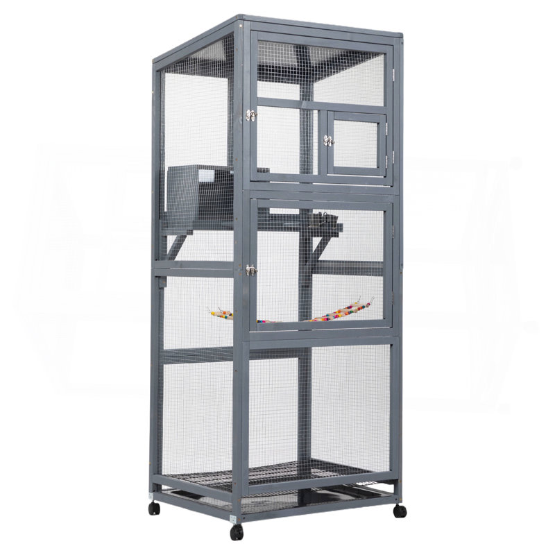 Wood Bird Cage with Universal Wheels-Gray