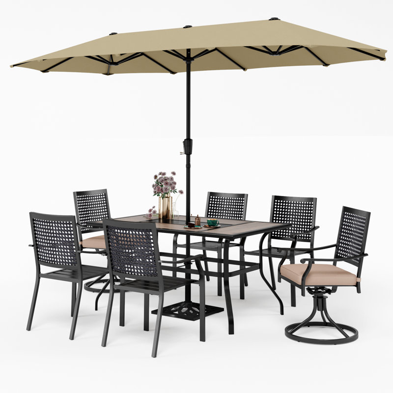 Ensemble de salle à manger rectangulaire pour 60 personnes avec coussins et parasol, Beige