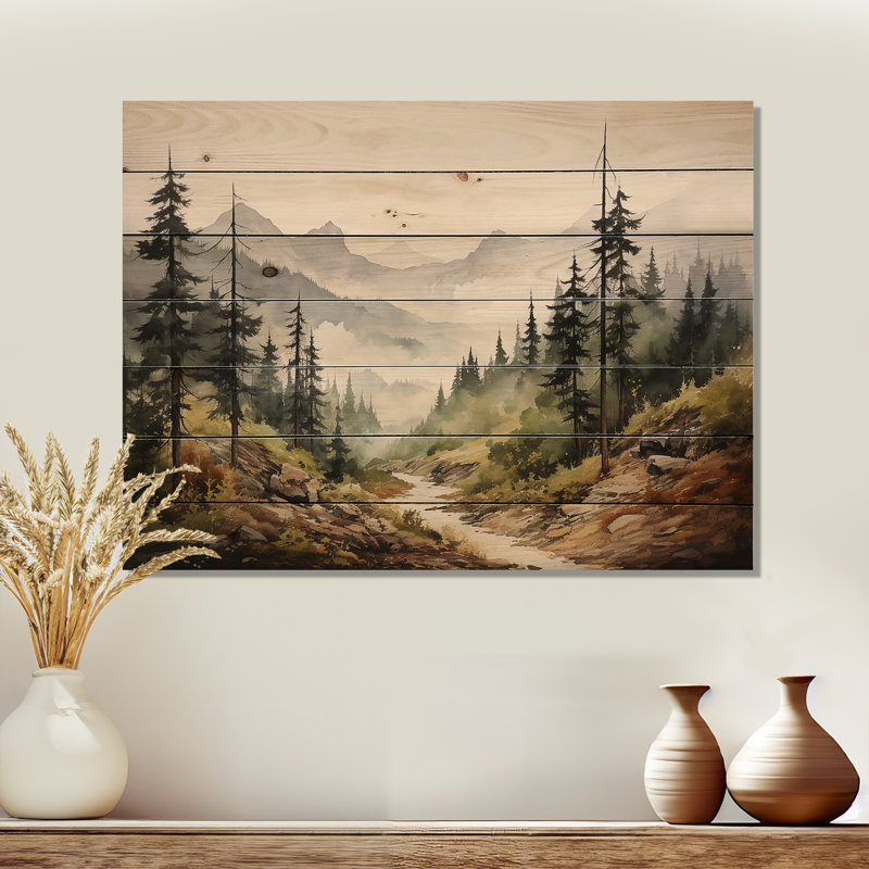 «Mountains Whisper Fog Serenity - Minimalisme», art mural sur bois de pin naturel, H 10 po x l 20 po