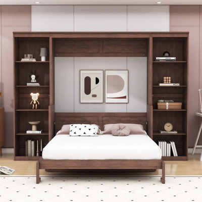 Wooden Murphy Bed with Bookshelf