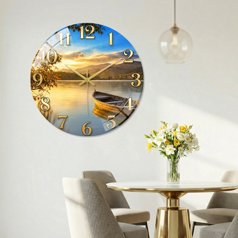 "Lake Sunset", horloge murale en verre, 40 x 40 cm (15,7 x 15,7 pouces)