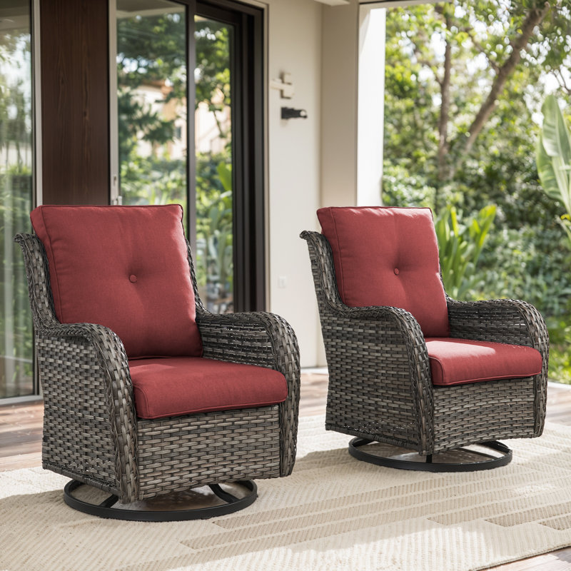 Ensemble de fauteuil oscillant pivotant en osier Wendye avec coussins en oléfine résistants à l'eau, Rouge, Gris