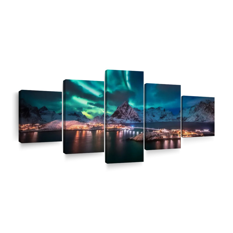 Lofoten Night Northern Lights - 5 pièces sur toile tendue, H 34 po x l 74 po x P 1,25 po