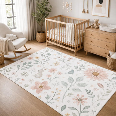 Tapis d'intérieur « Ultra Fin » 152 x 213 cm, motif lapin et fleurs sauvages, doux et à poils courts, avec envers antidérapant en silicone, idéal pour la chambre d'enfant, la salle de jeux ou la chambre à coucher, beige et rose.