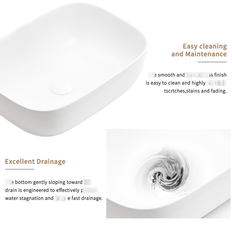 Lavabo de salle de bain ovale moderne en porcelaine blanche au-dessus du comptoir, conception généreuse et élégante, aspect céramique ultrabrillant, glacis cuit au four nécessitant peu d'entretien, nettoyage facile