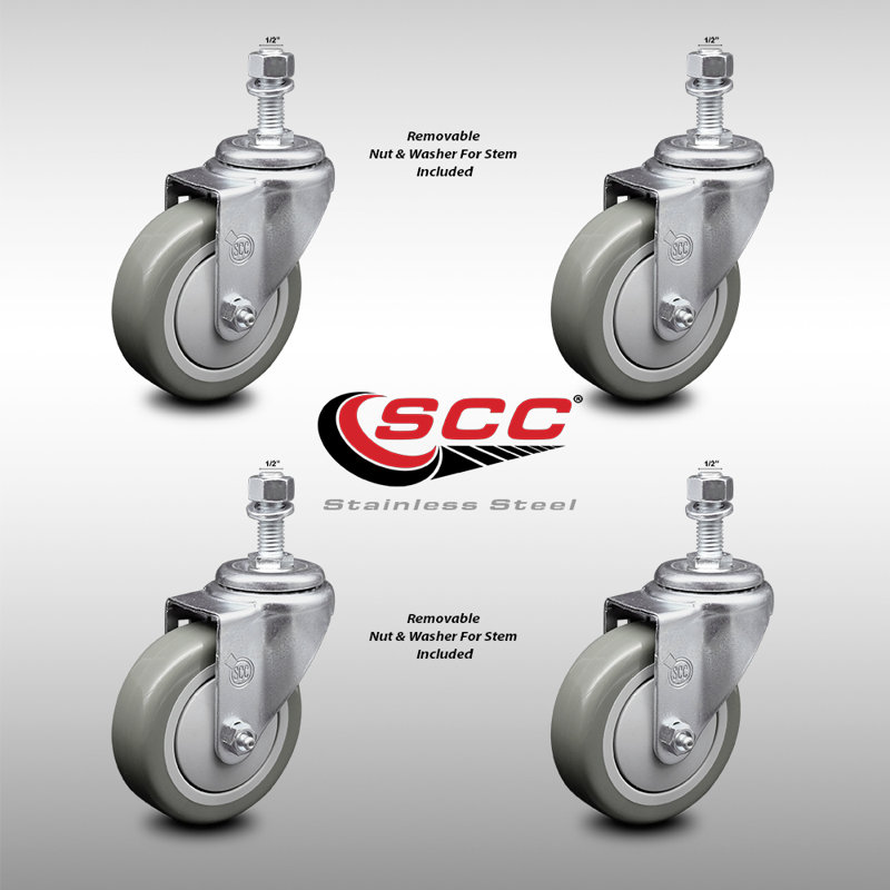 4 Inch SS Gray Polyurethane Wheel Swivel ½ Inch Threaded Stem Caster Set SCC