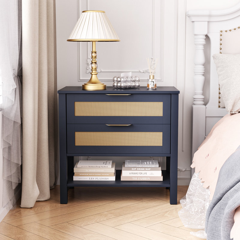 Table de chevet étroite en rotin avec 2 tiroirs et tablette de rangement Boho, Marine