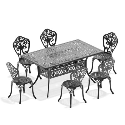 All-Weather Cast Aluminum 7 Furniture, Black, Resistance, 160Lbs Table Load, 6 Dining Collection, Black Frame, Rectangular Table, 350Lbs Seat 6 Chairs