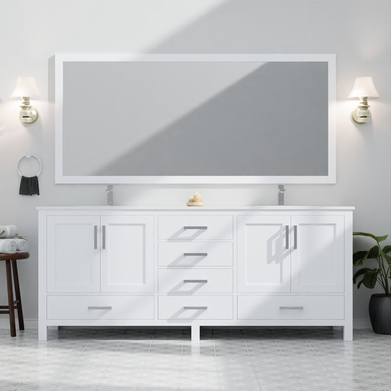 Meuble-lavabo blanc 80 po x 22 po avec comptoir en marbre et bois massif, finition 80 po Meuble-lavabo double, plateau de culture, rangement élégant pour la salle de bain