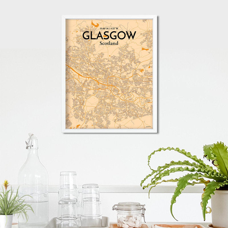Carte de la ville de Glasgow, impression à l'encre, H 20 po x l 16 po, Orange / or pâle