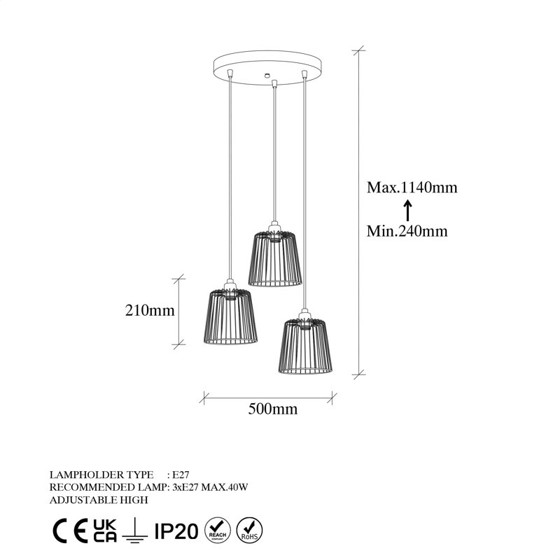 Luminaire suspendu grappe 3 lumières Empire, Noir