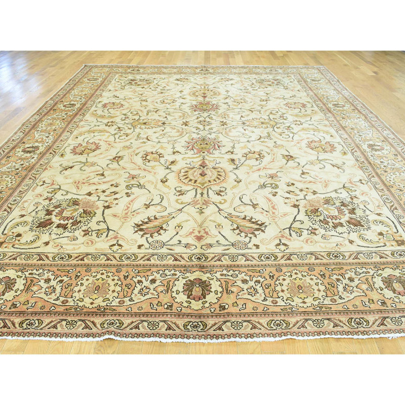 Tapis zone en laine 9 pi 8 po x 12 pi 10 po one-of-kind-noué la ivoire main Shebeen