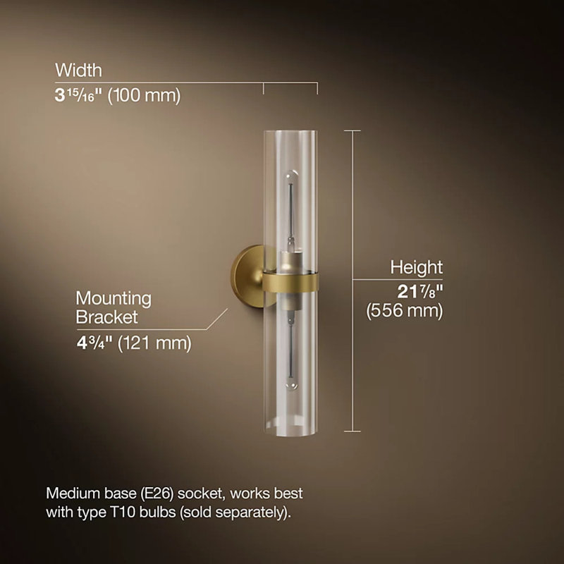 Purist™ 2 Light Indoor Bathroom Vanity Light Fixture, UL Listed, 21.875" H x 4.75" W x 6.875" D, Brushed Moderne Brass