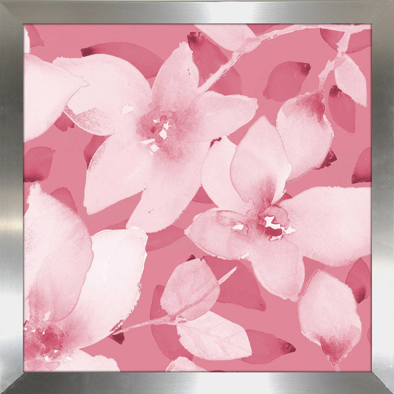 «Blooming Pink Whispers II», reproduction de peinture à l'aquarelle, H 37,5 po x l 37,5 po x P 1 po, Encadrement argenté