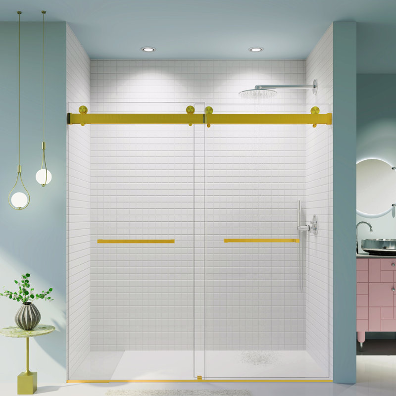 68-72 Inches *76 Inches  Frameless Double Sliding Soft-Close Shower Door, Thick Tempered Glass Door, Brushed Gold